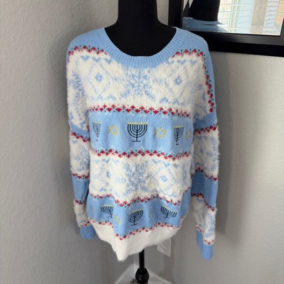 Celebrate Hanukkah Menorah Star of David Blue Knit Pullover Sweater XL - Picture 3 of 12